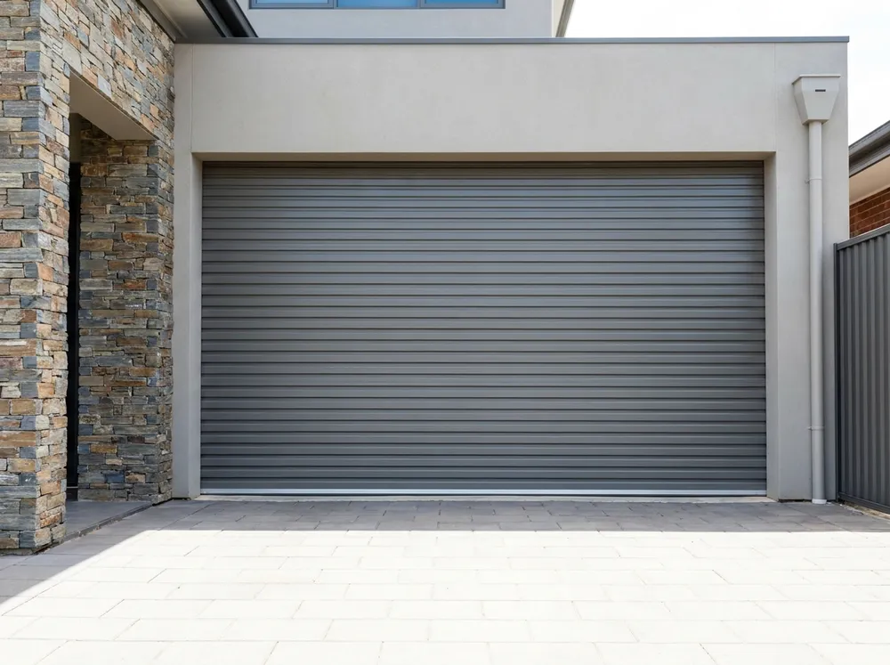 A modern steel roller garage door on a contemporary Adelaide home
