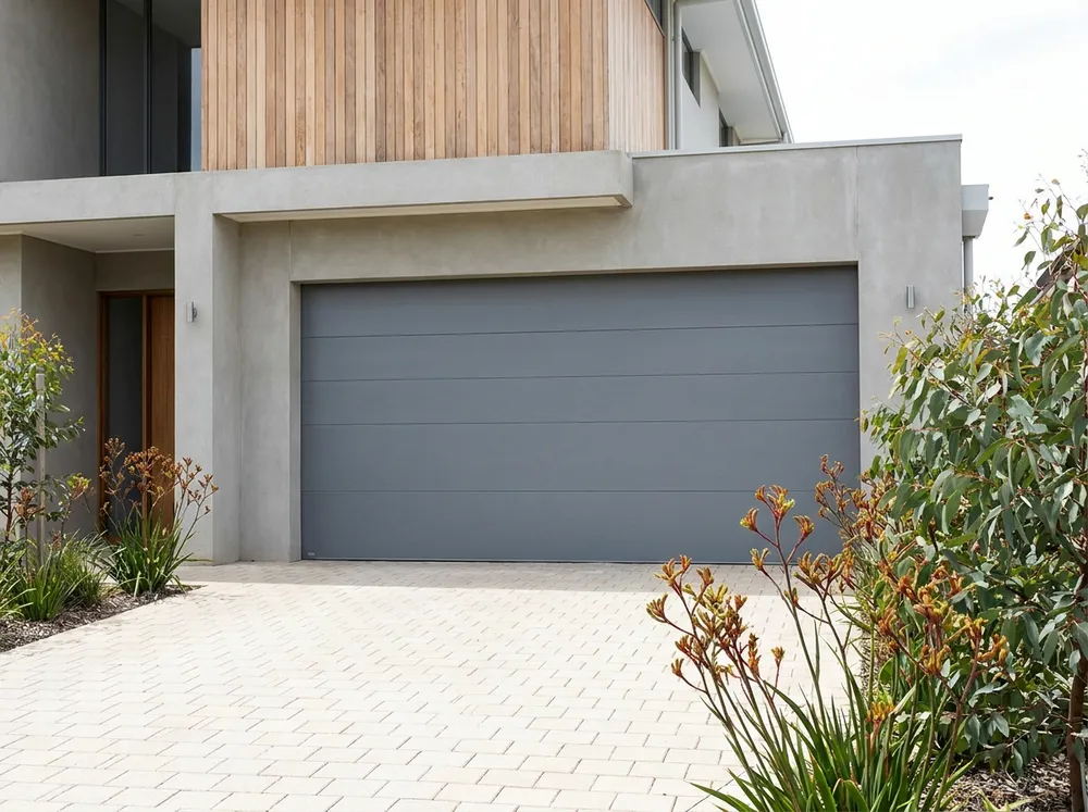A sectional garage door with horizontal panels on a contemporary Adelaide home